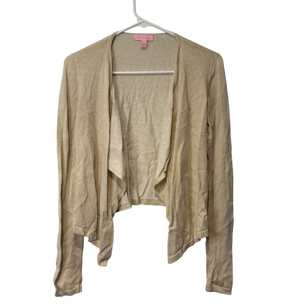 Lilly Pulitzer Cardigan Women S Gold Metallic Draped Open Front 20791 Y2K Fancy